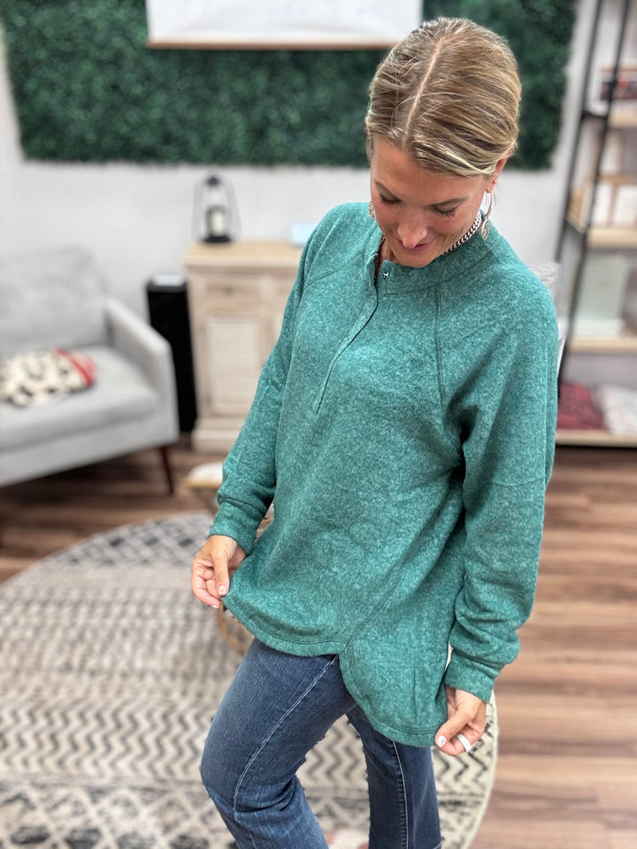 Brushed Melange Henley Top - Dark Green