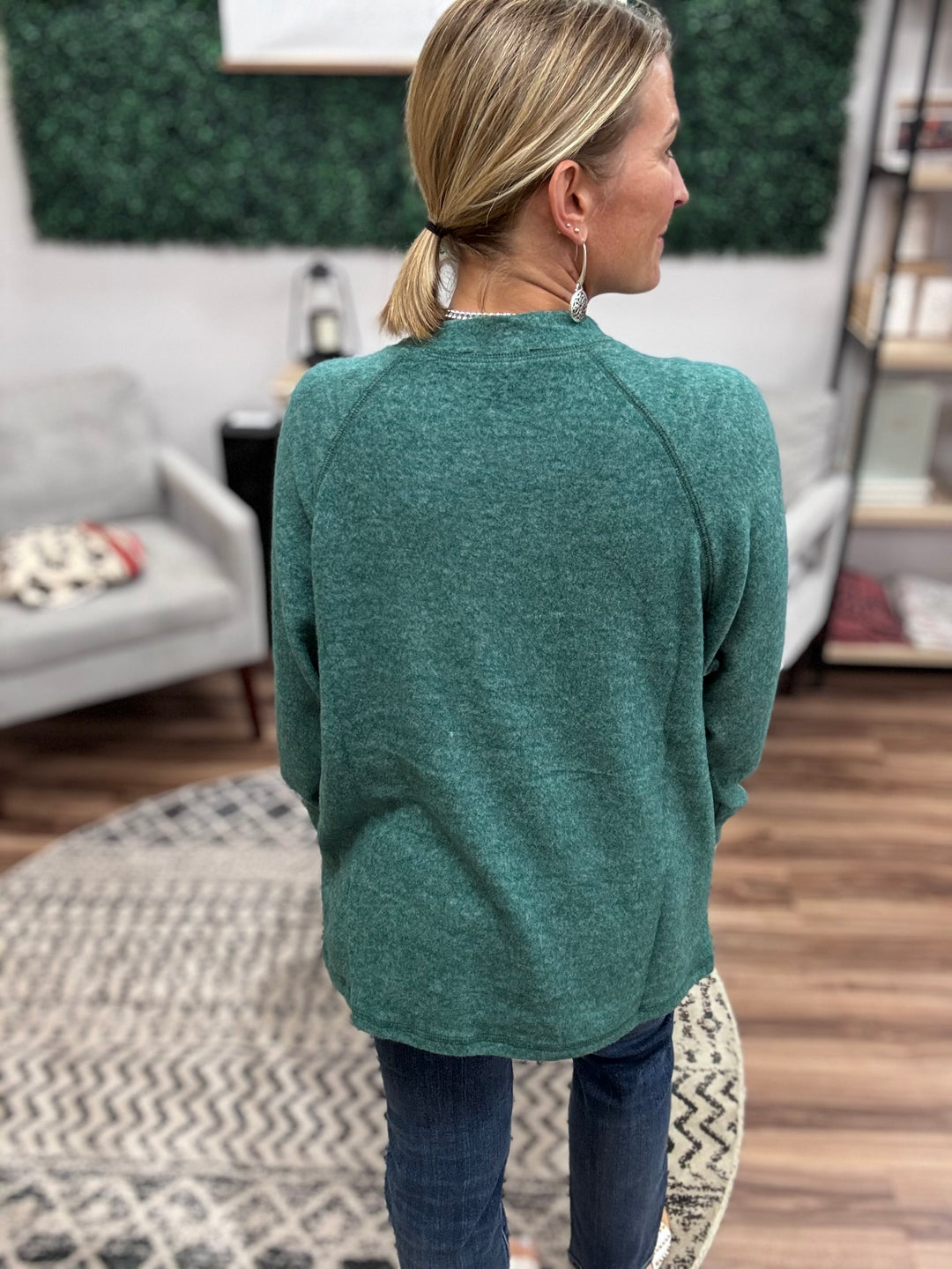 Brushed Melange Henley Top - Dark Green