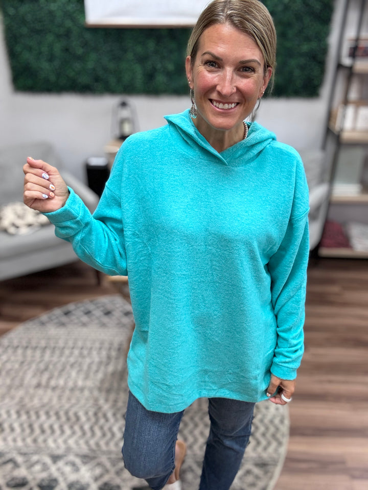 Brushed Melange Tunic Hoodie - Turquoise