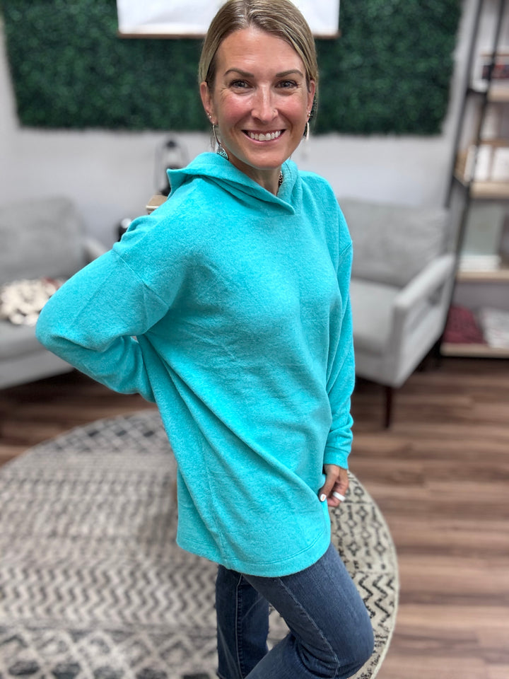 Brushed Melange Tunic Hoodie - Turquoise