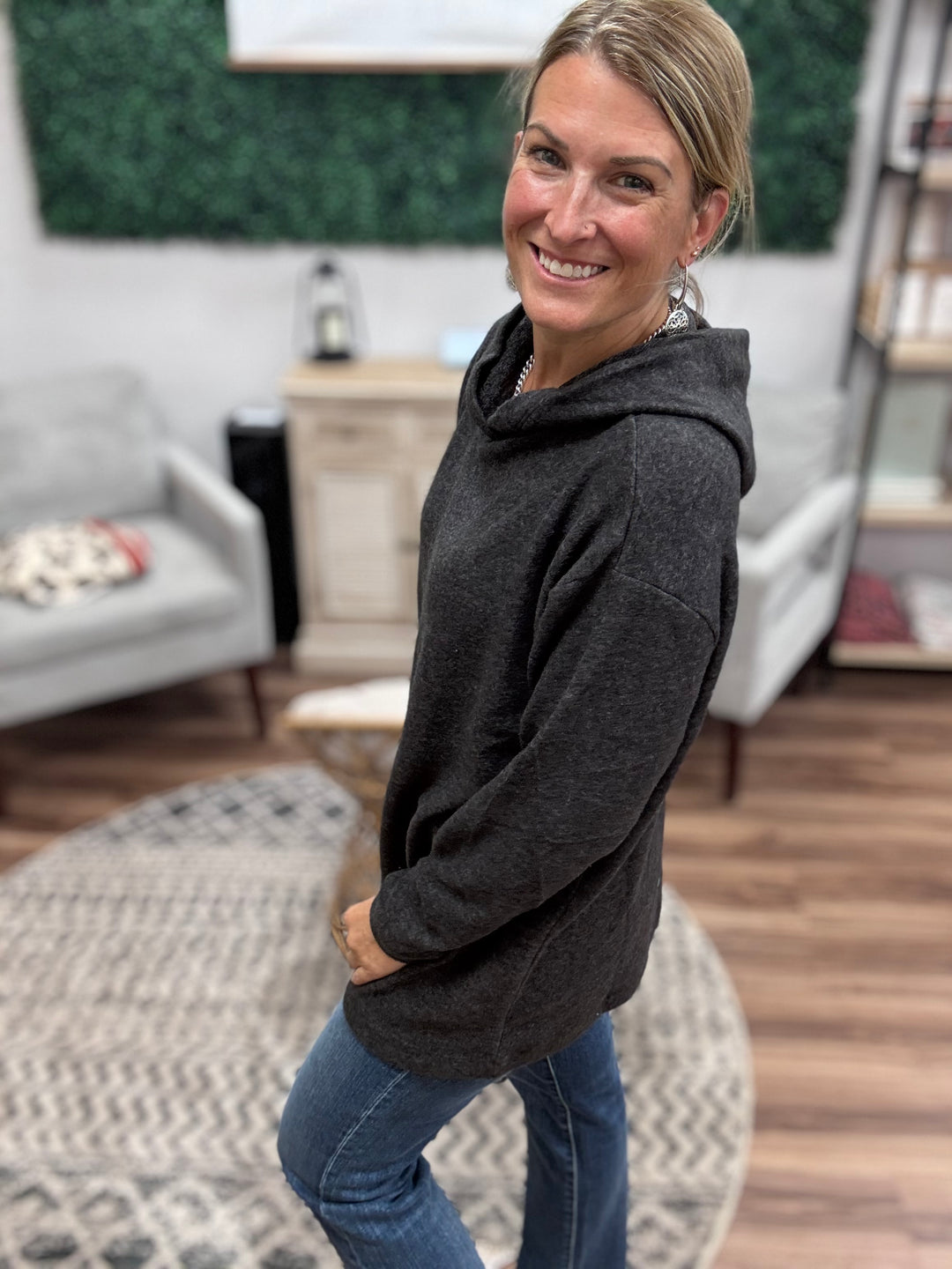 Brushed Melange Tunic Hoodie - Black