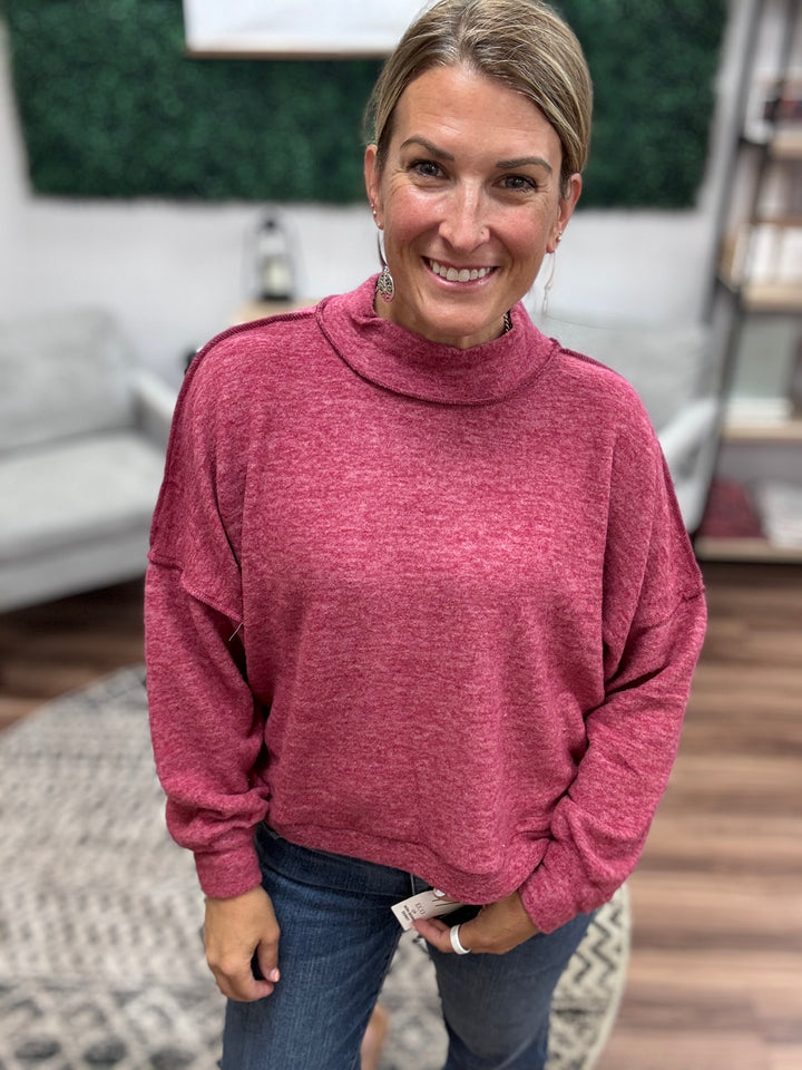 Brushed Melange Mock Neck - Cabernet
