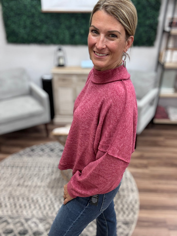 Brushed Melange Mock Neck - Cabernet