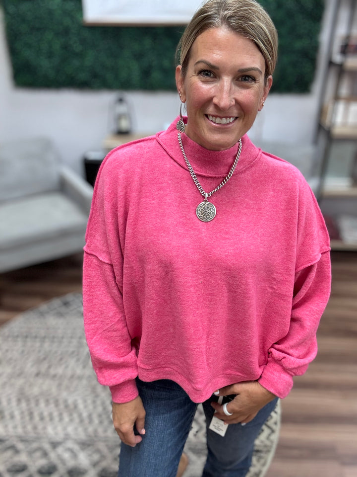 Brushed Melange Mock Neck - Fuchsia
