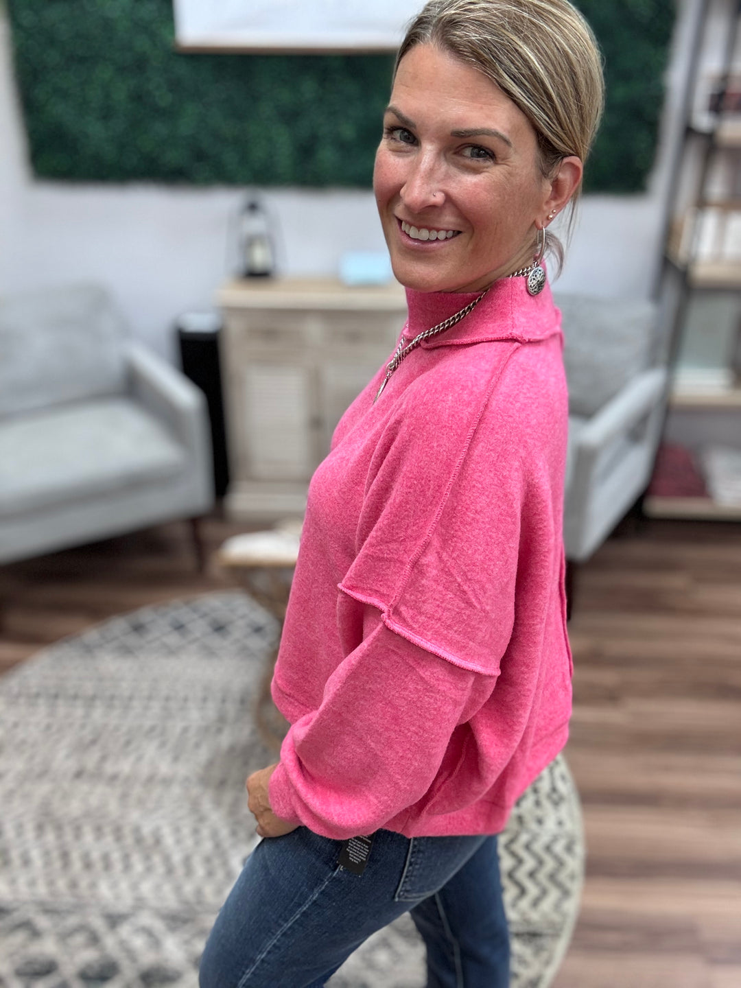 Brushed Melange Mock Neck - Fuchsia