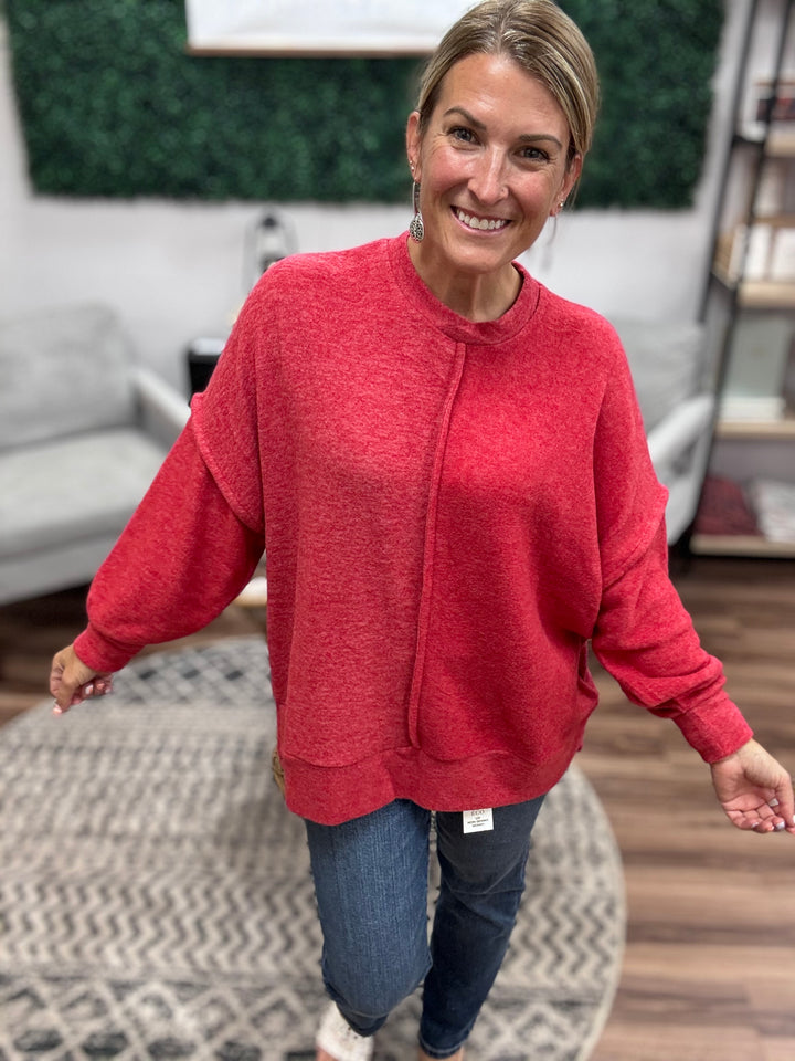 Brushed Melange Oversized Sweater - Dark Red