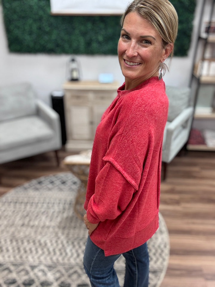 Brushed Melange Oversized Sweater - Dark Red
