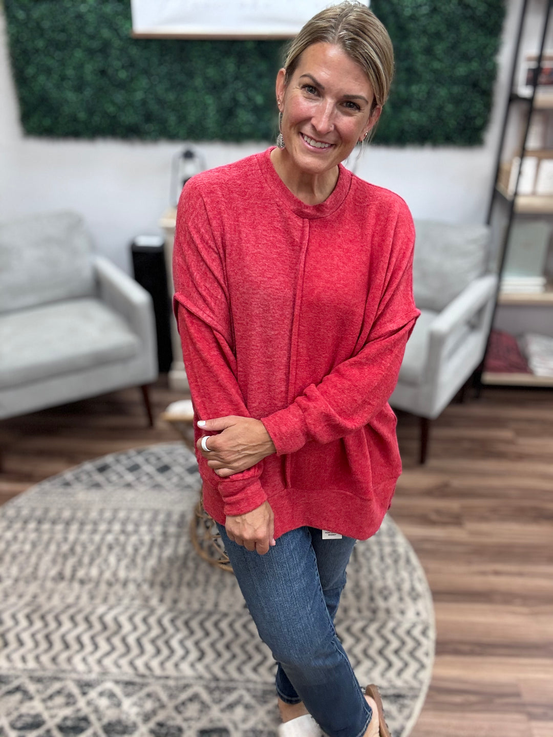 Brushed Melange Oversized Sweater - Dark Red