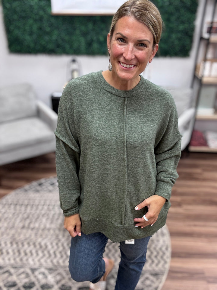 Brushed Melange Oversized Sweater - Dark Olive