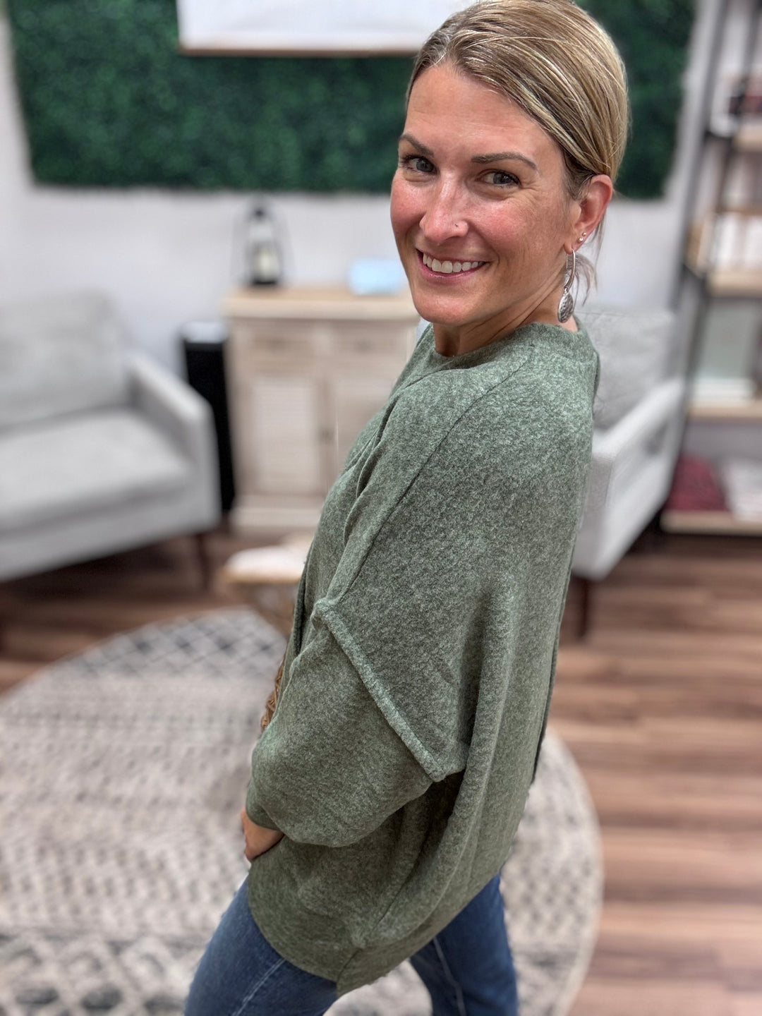 Brushed Melange Oversized Sweater - Dark Olive