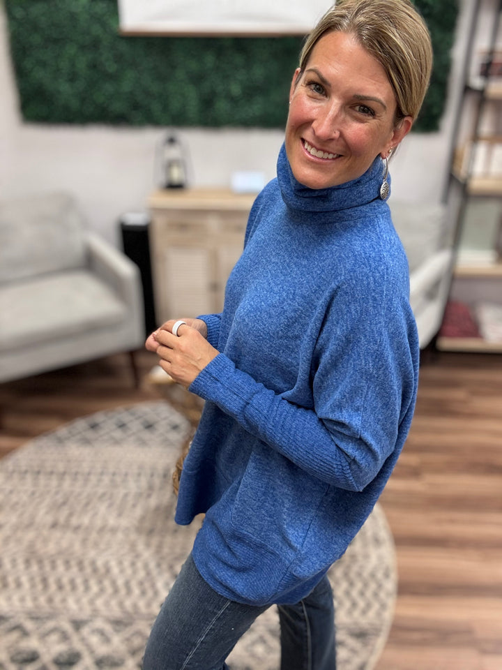 Brushed Melange Turtleneck Sweater - Light Navy