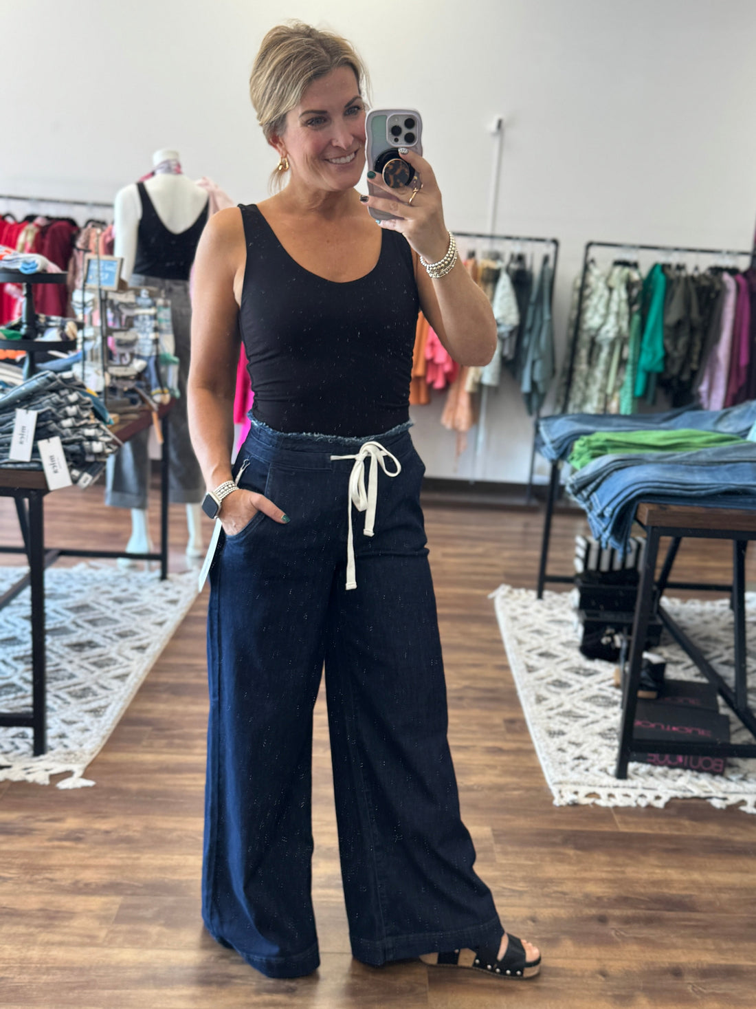 Risen - Mid Rise Wide Leg Pant with Drawstring