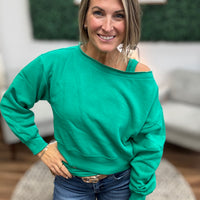 Fleece Off-Shoulder Pullover - Kelly Green