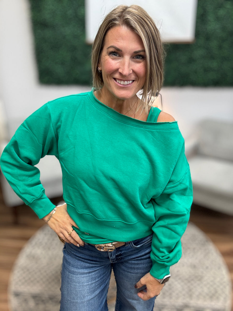 Fleece Off-Shoulder Pullover - Kelly Green