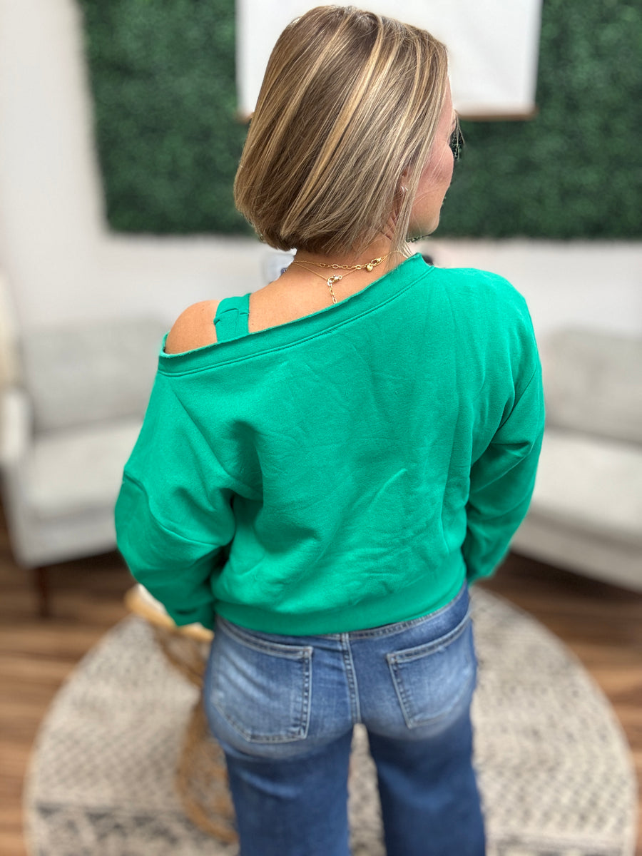 Fleece Off-Shoulder Pullover - Kelly Green