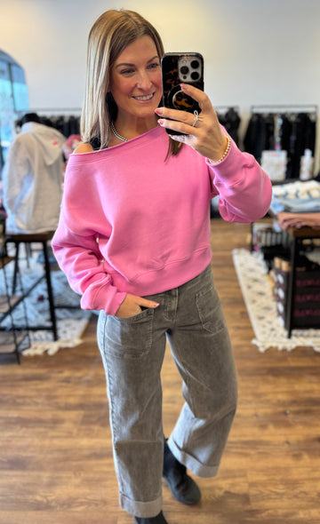Fleece Off Shoulder Pullover - Candy Pink