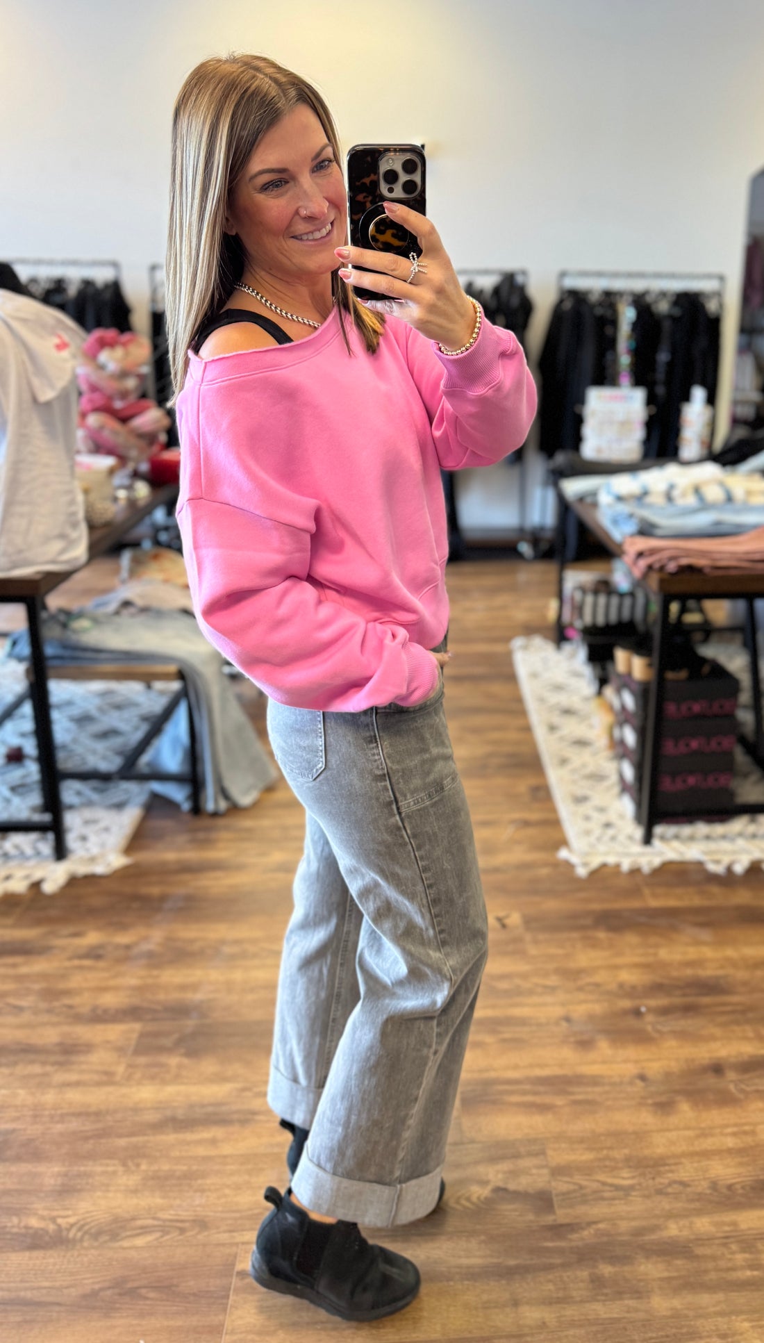 Fleece Off Shoulder Pullover - Candy Pink