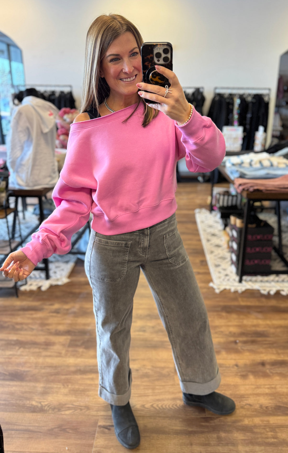 Fleece Off Shoulder Pullover - Candy Pink