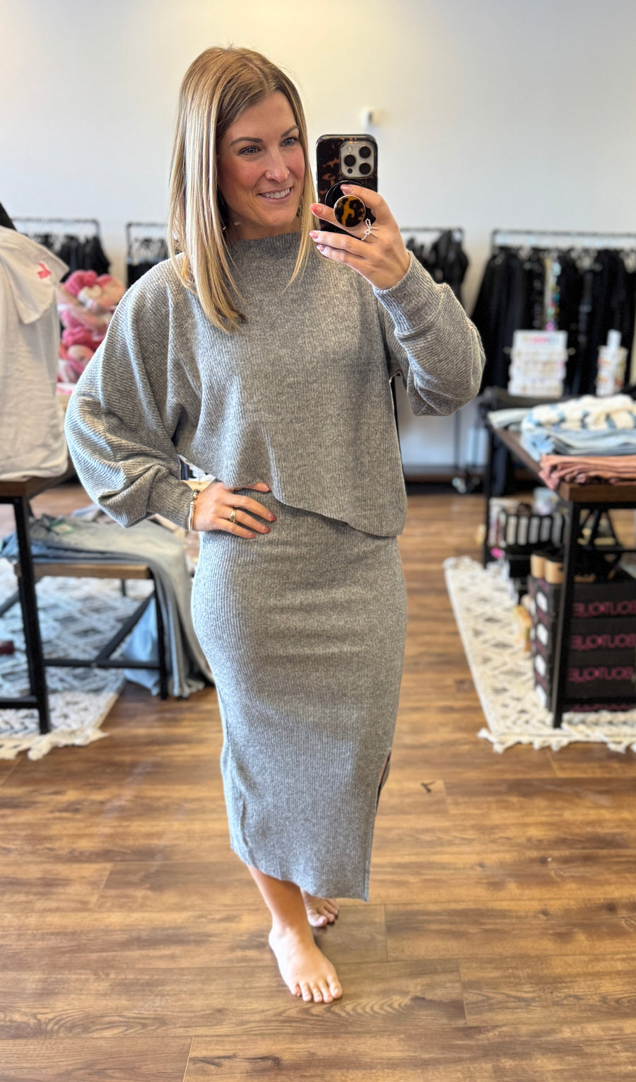 Ribbed Asymmetric Hem & Sleeve Top & Skirt Set