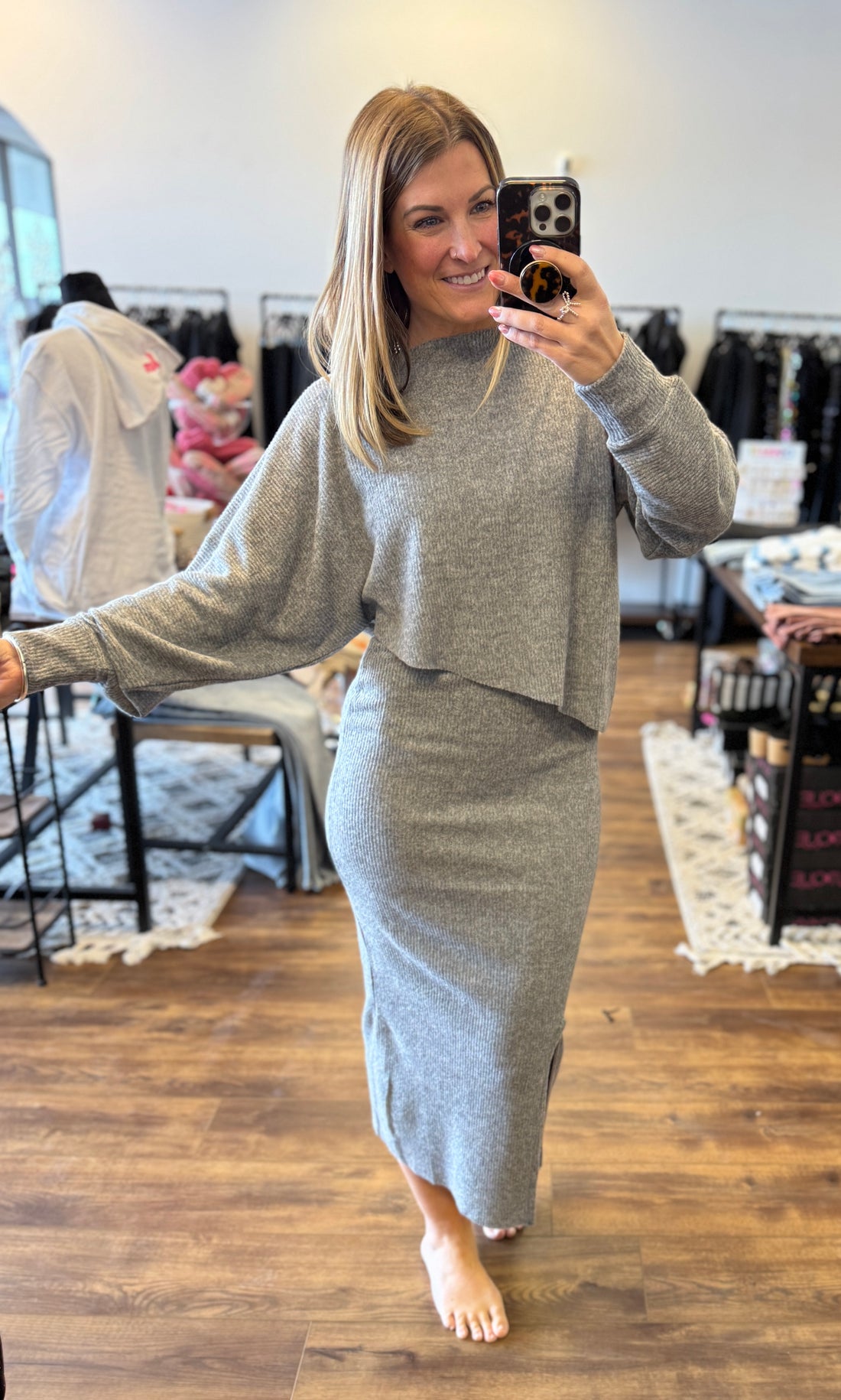 Ribbed Asymmetric Hem & Sleeve Top & Skirt Set