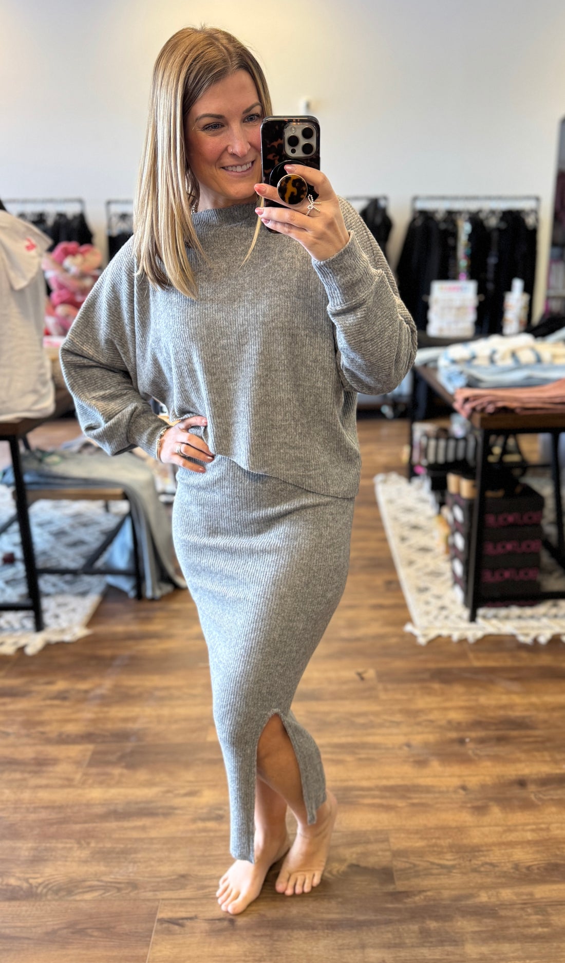Ribbed Asymmetric Hem & Sleeve Top & Skirt Set