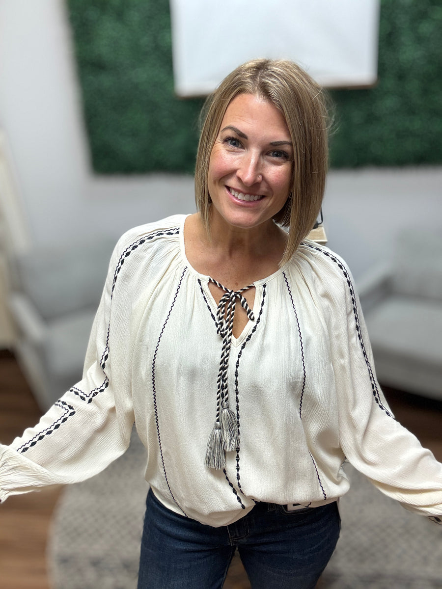 Liverpool - Long Sleeve Woven Raglan Blouse W/ Embroidery