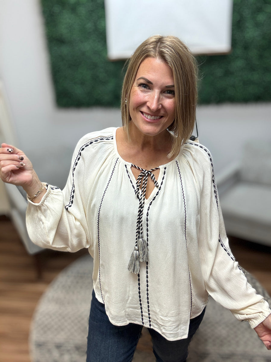 Liverpool - Long Sleeve Woven Raglan Blouse W/ Embroidery