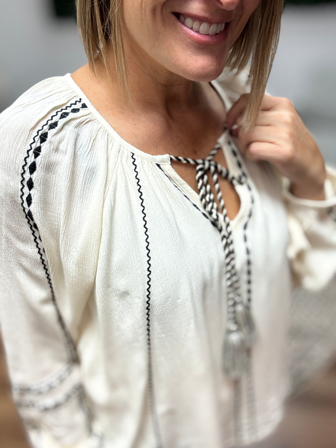 Liverpool - Long Sleeve Woven Raglan Blouse W/ Embroidery