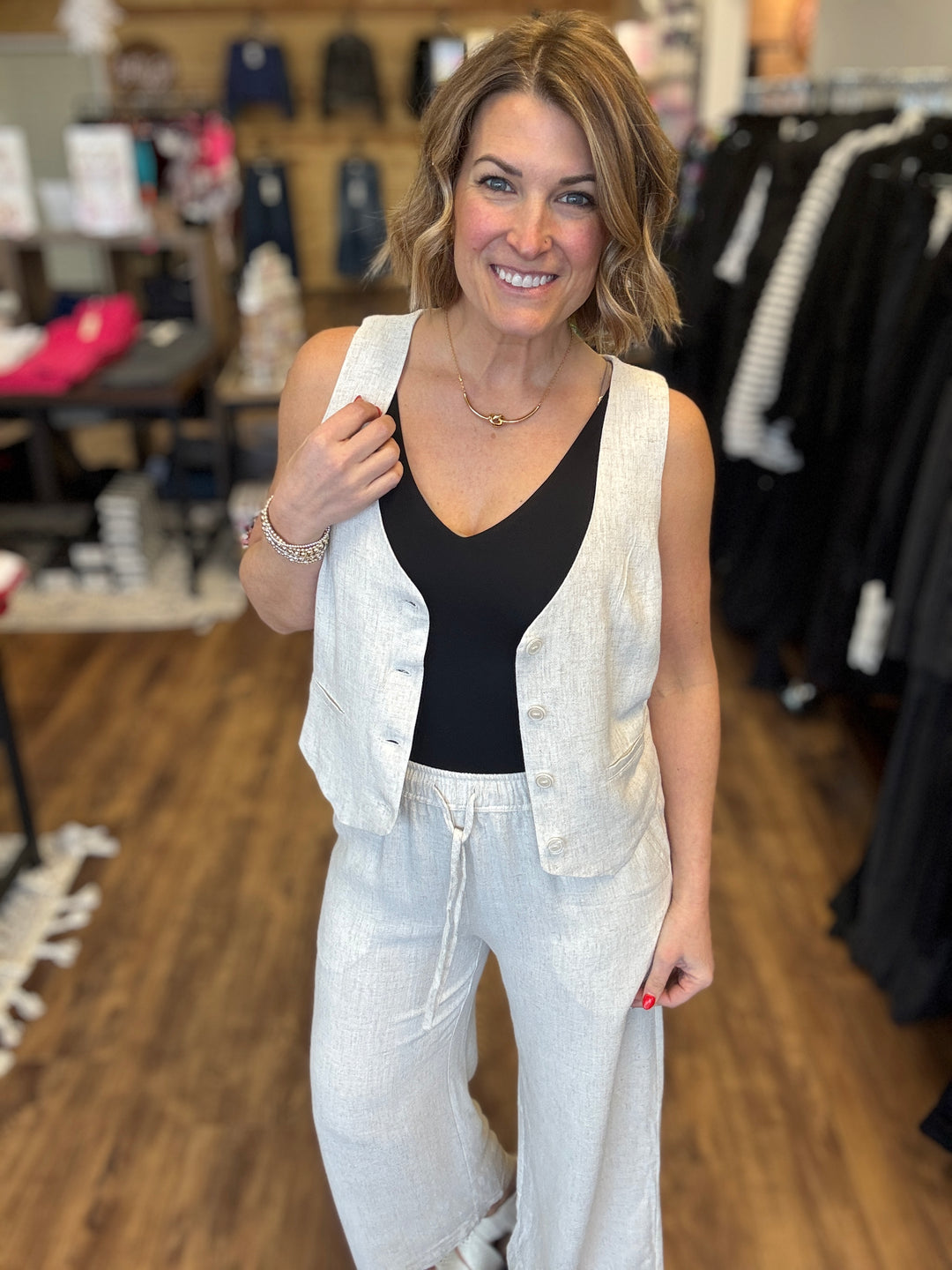 V-Neck Button Down Linen Vest