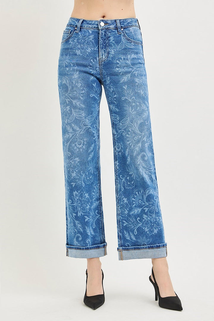 Risen - Mid Rise Ankle Straight Printed Jeans