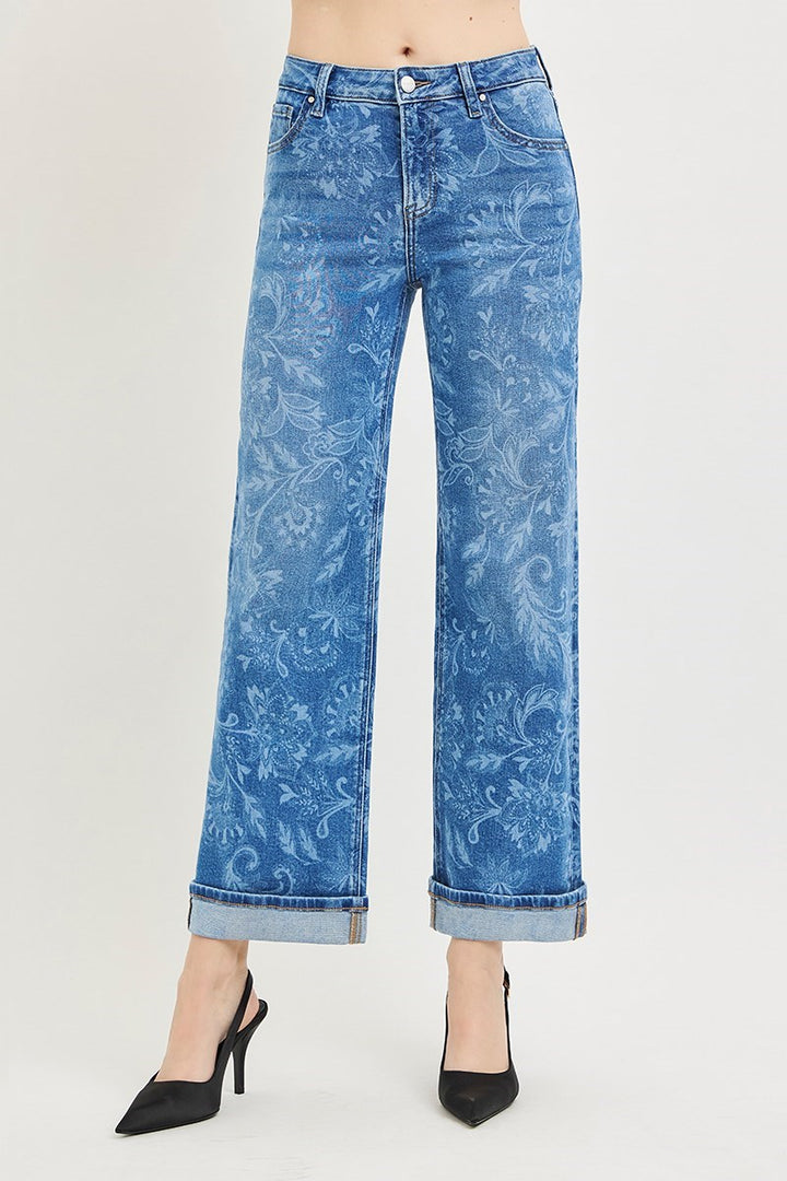 Risen - Mid Rise Ankle Straight Printed Jeans