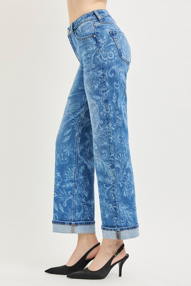 Risen - Mid Rise Ankle Straight Printed Jeans