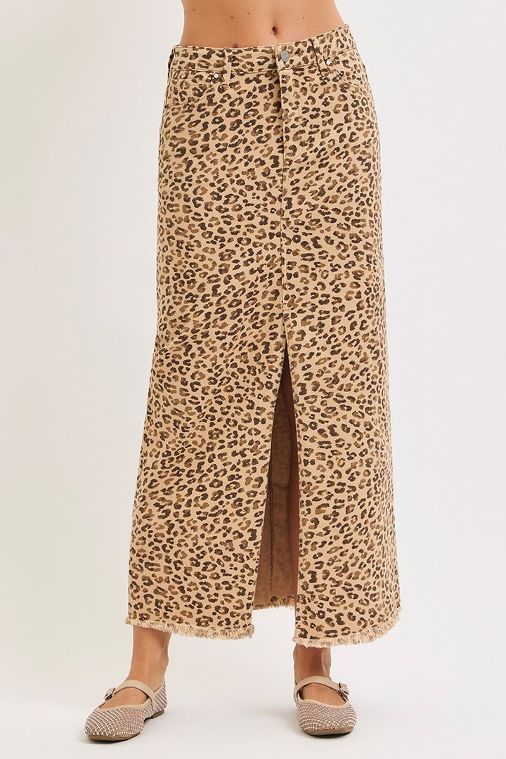 Risen - Leopard Print Denim Maxi Skirt