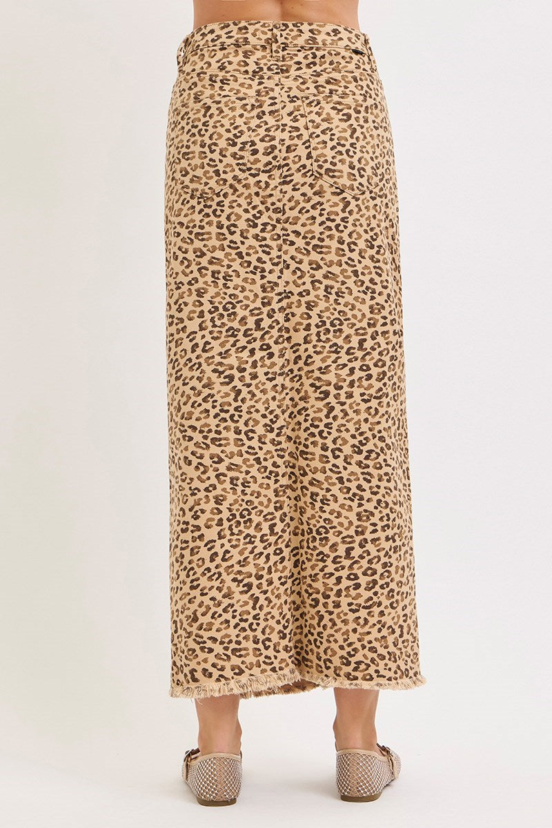 Risen - Leopard Print Denim Maxi Skirt