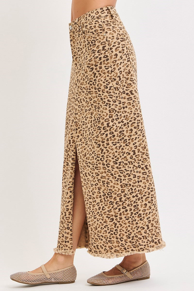 Risen - Leopard Print Denim Maxi Skirt