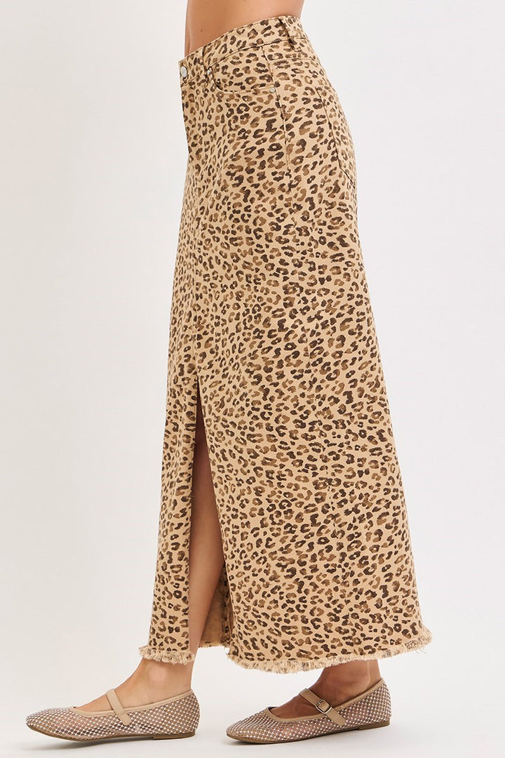 Risen - Leopard Print Denim Maxi Skirt