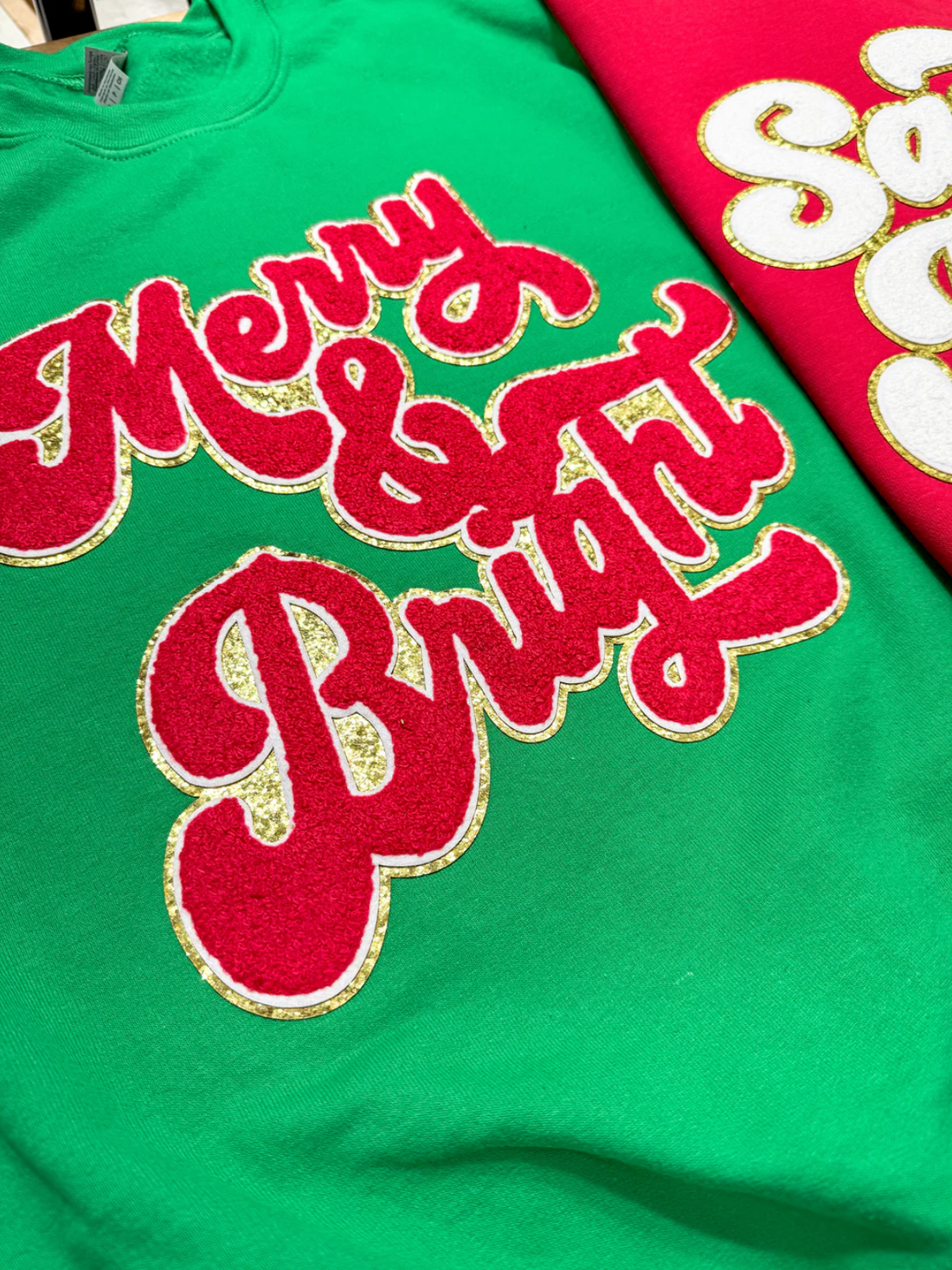 Merry & Bright Chenille and Glitter Patch Sweatshirt {SPECIAL ORDER}