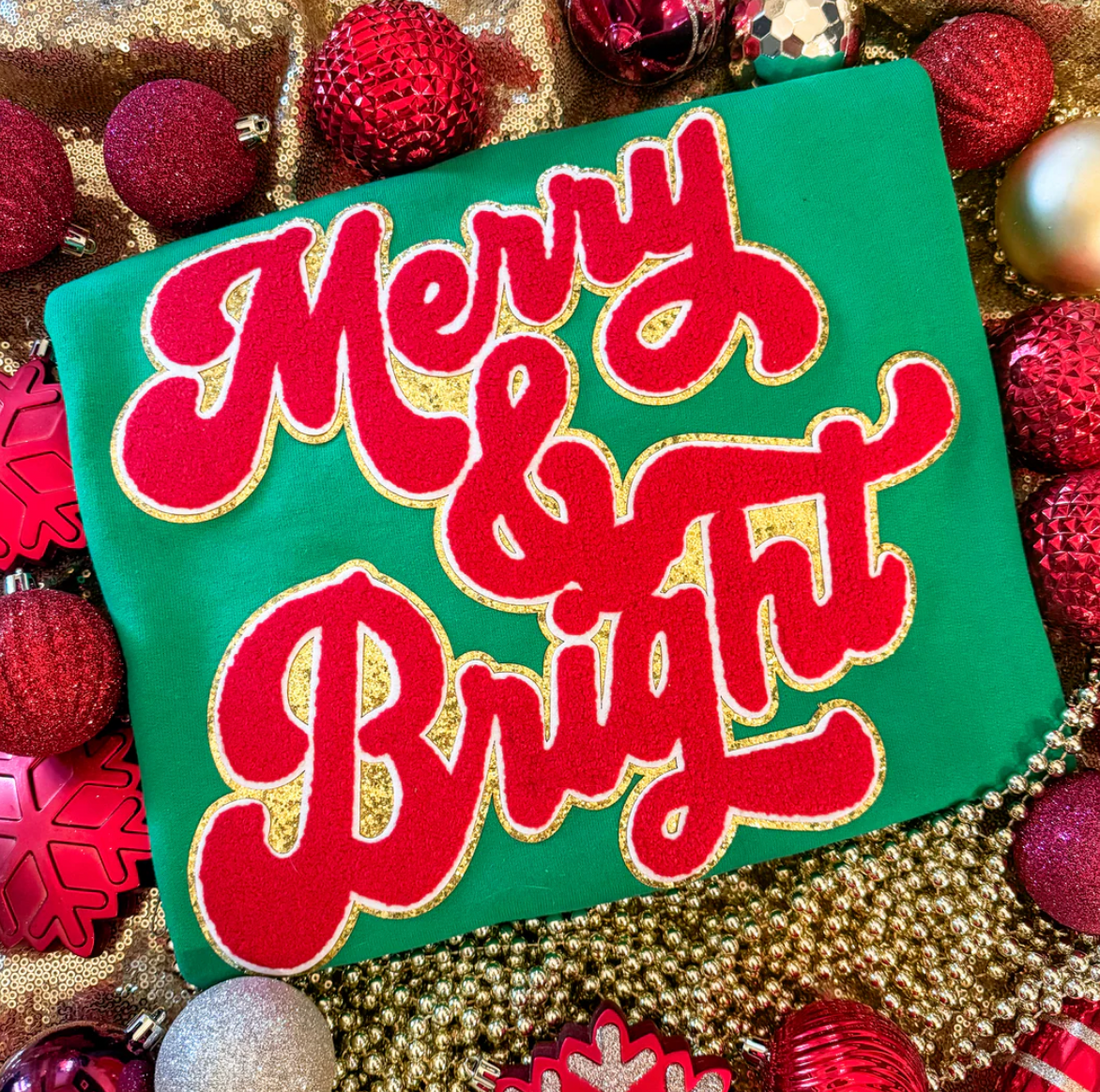 Merry & Bright Chenille and Glitter Patch Sweatshirt {SPECIAL ORDER}