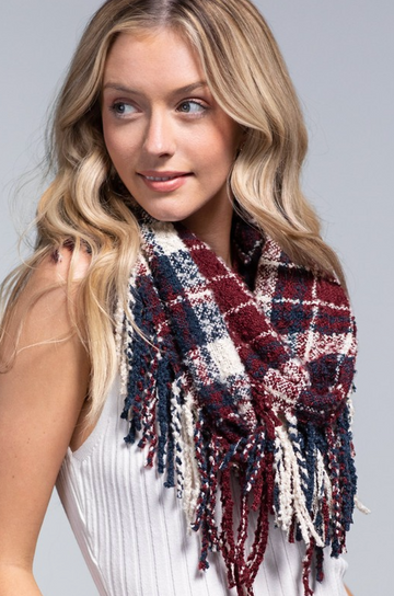 Plaid Infinity Knit Scarf - Navy/Burgundy