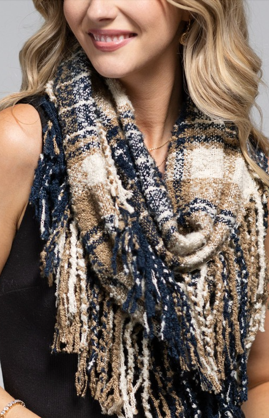 Plaid Infinity Knit Scarf - Navy/Taupe