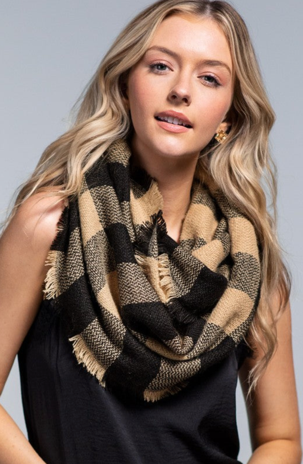 Woven Buffalo Checkered Infinity Scarf - Black/Taupe