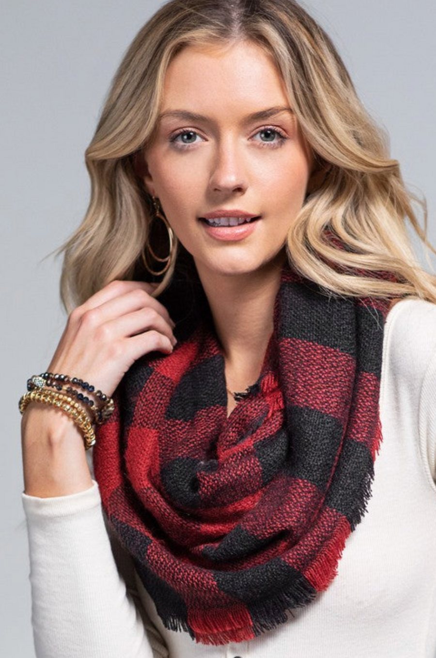 Woven Buffalo Checkered Infinity Scarf - Red/Black