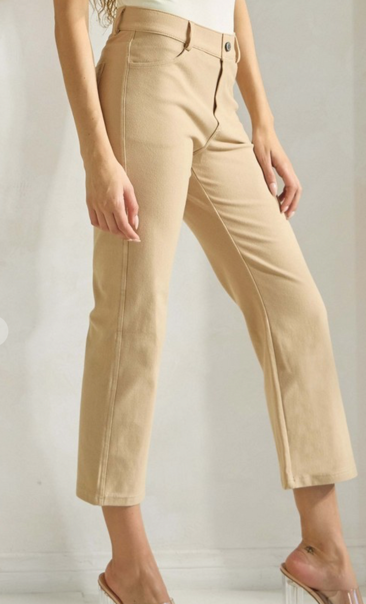 Solid Cropped Work Pants - Camel