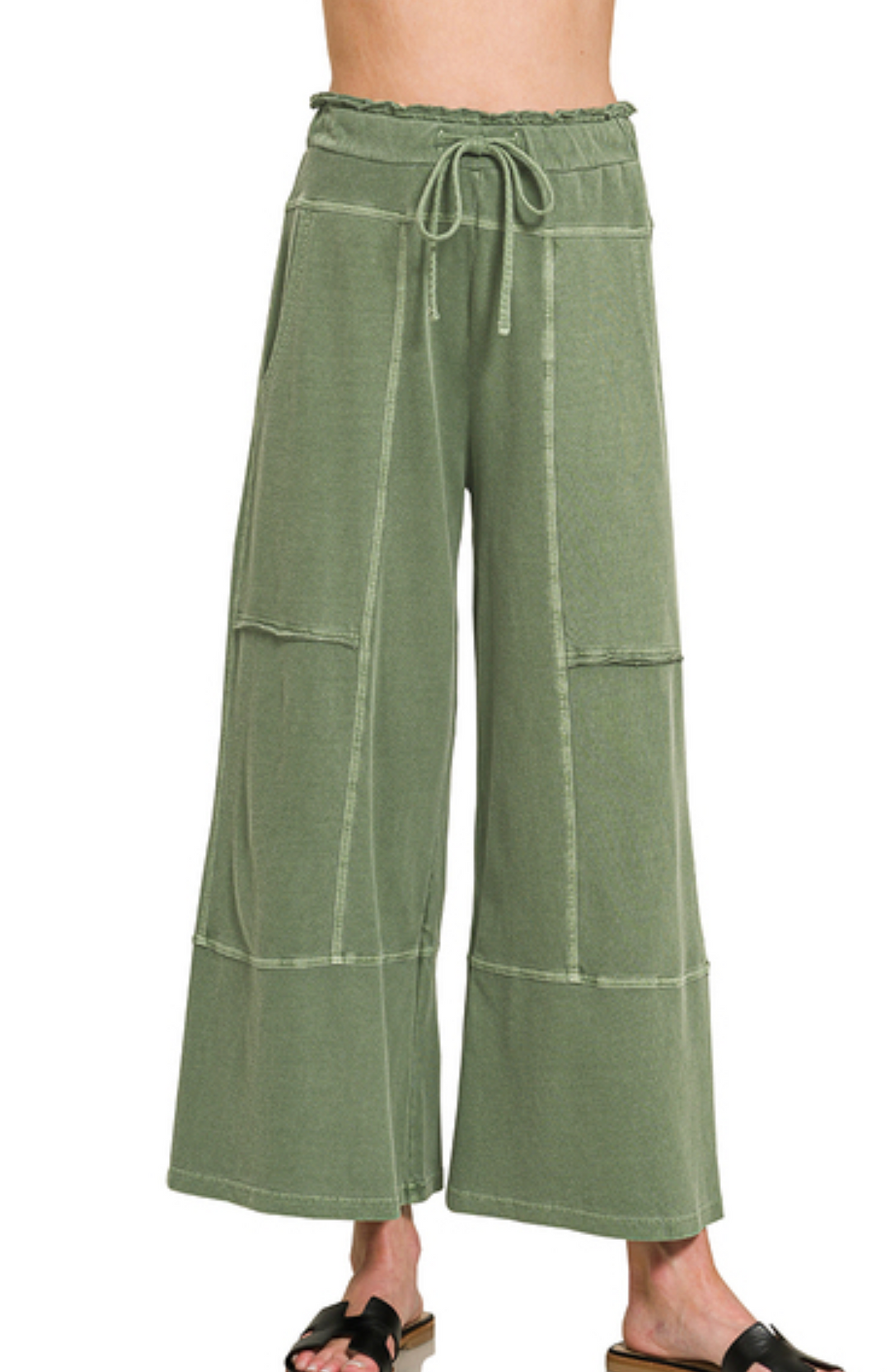 Washed Terry Wide Leg Pants - Light Olive