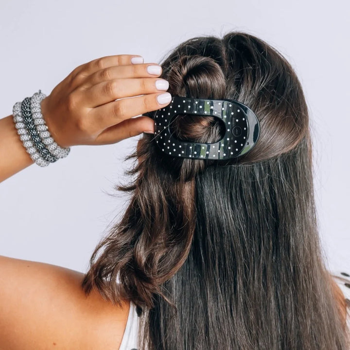 Teleties Medium Flat Round Clip - Black Polka Dot Party