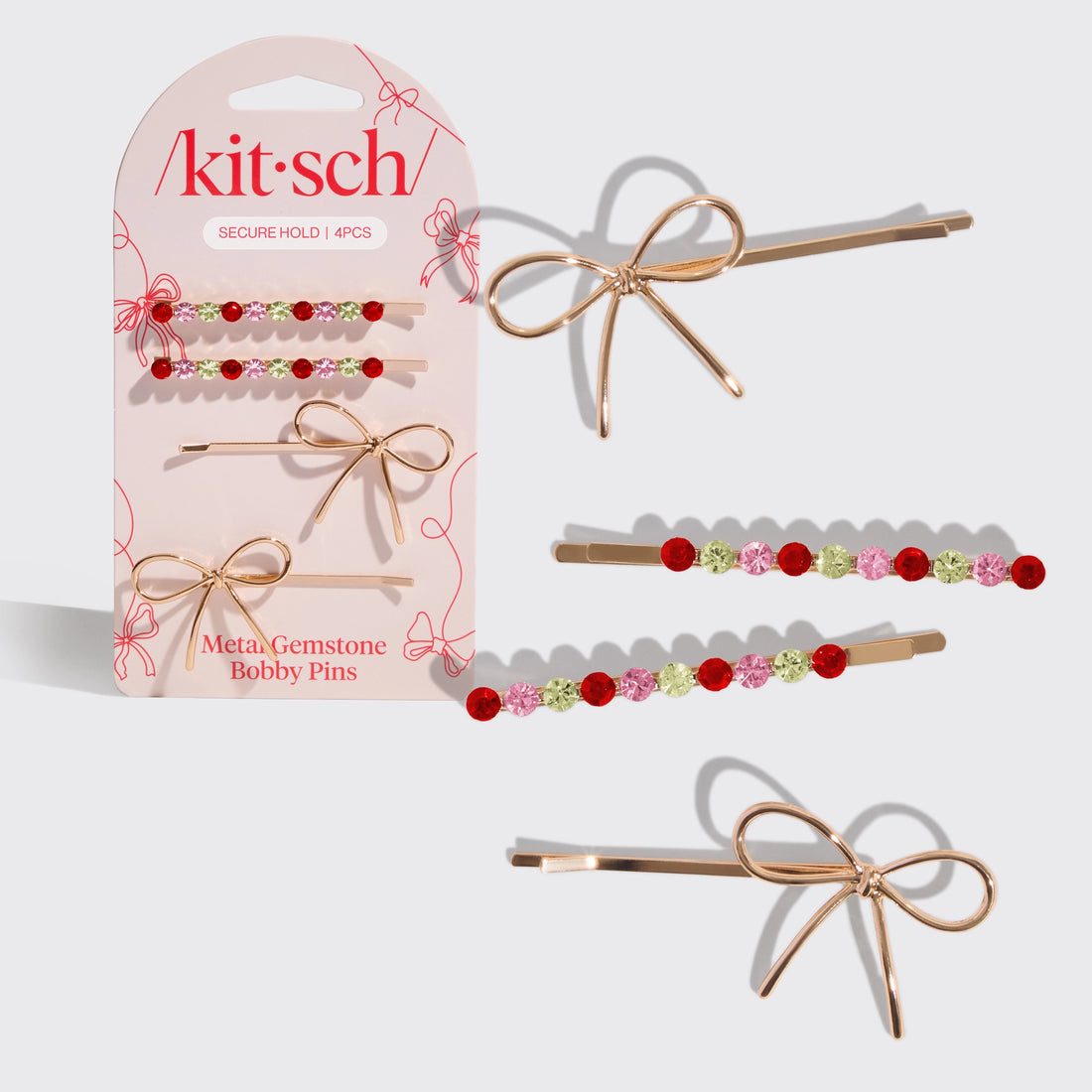 Holiday Gemstone and Bow Bobby Pins - 4 piece set