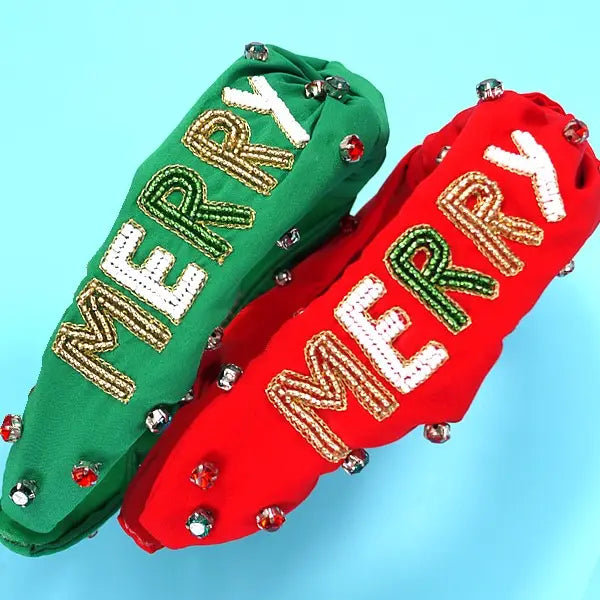 Merry Christmas Holiday Seed Bead Headband