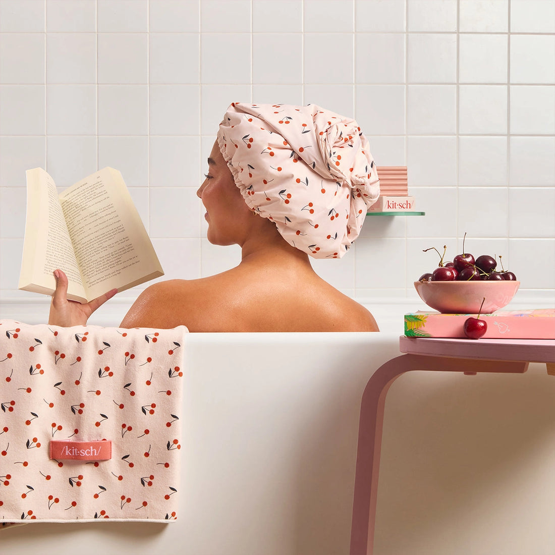 Satin-Lined Shower Cap - Cherry Print