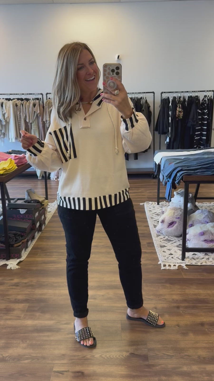 Megan - Solid and Stripe Mixed Hoodie