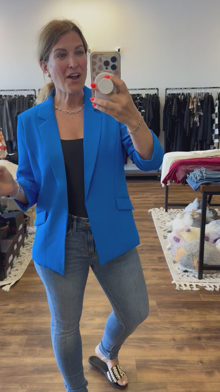 Eco-Friendly Recycled Poly Shirred Sleeve Blazer - Electric Blue